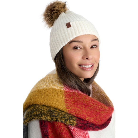 Lucky White faux fur pom winter hat & earthy red yellow tan grey gray scarf set - Picture 2 of 8